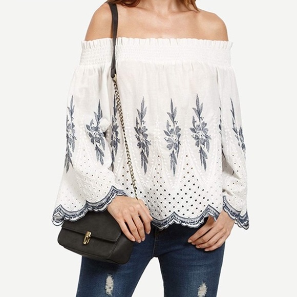 Tops - Embroidered white off shoulder top
